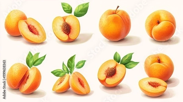 Fototapeta Realistic peach illustration set, including whole, halved, sliced peaches, and leaves, showcasing a variety of poses and details.