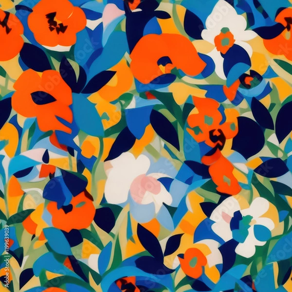 Fototapeta Floral seamless pattern. An abstract floral pattern featuring bold, bright colors and organic shapes. The design is a mix of bright red, orange, blue, yellow, and white