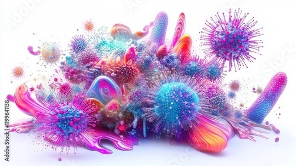 Fototapeta A futuristic representation of viruses interacting, holographic art style, detailed textures, isolated on white background 