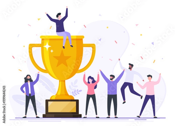 Obraz Successful teamwork people with golden trophy cup award, Team celebrating victory, Symbol of victory, Triumph reward, Employee team with prize, Winning business team concept flat vector illustration.