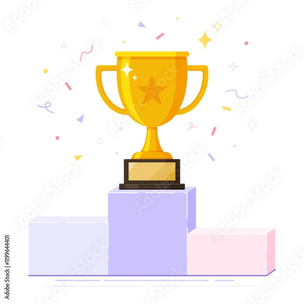 Obraz The golden trophy cup sits on the winner's podium, Prizes for the champions, Symbol of victory, Winner concept, Winning business or sport game concept flat vector illustration.