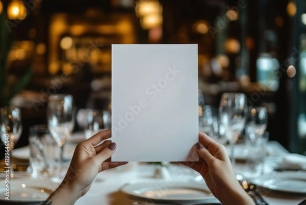 Fototapeta Blank paper mockup held in hands above restaurant table.