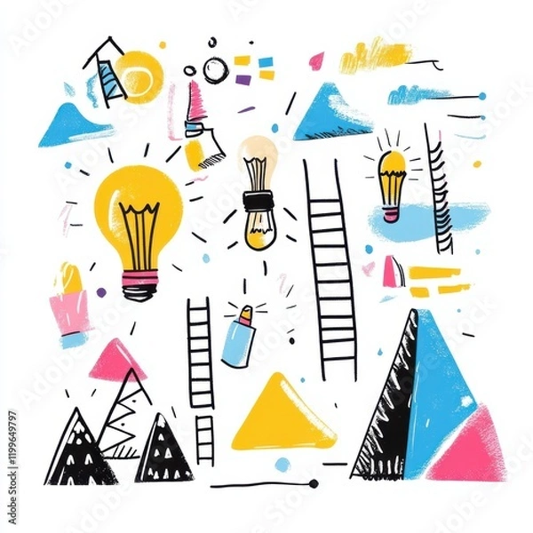 Fototapeta A minimalistic vision board illustration, featuring colorful hand-drawn sketches of motivational symbols like lightbulbs, ladders