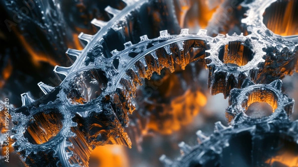 Fototapeta Interlocking metallic gears in motion create dynamic industrial scene