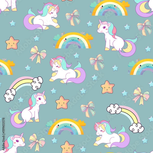 Fototapeta seamless pattern with cartoon cute rainbow unicorn, rainbow stars and clouds, rainbow stars. illustration