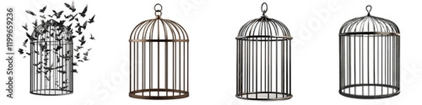 Fototapeta Open cage – Symbolizes liberation and freedom, breaking free from confinement. Isolated on Clear White Background Highly Detailed