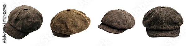 Fototapeta Newsboy cap – A soft, flat cap with a short brim, traditionally worn by newsboys and often styled with casual outfits. Isolated on Clear White Background Highly Detailed