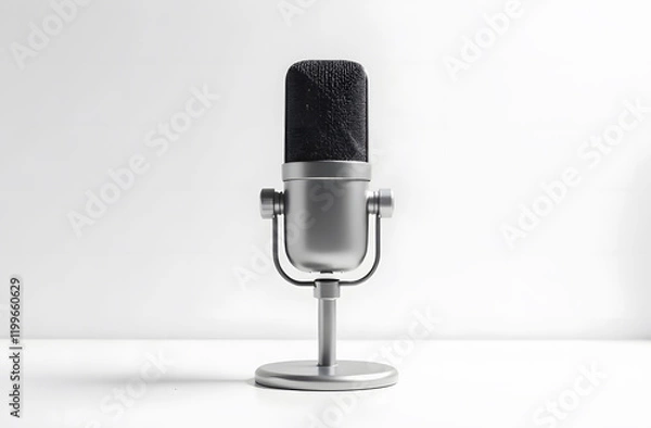 Fototapeta Silver Modern Microphone on White Background. A sleek silver microphone standing on a white surface against a minimalistic white background, ideal for audio and podcasting themes.