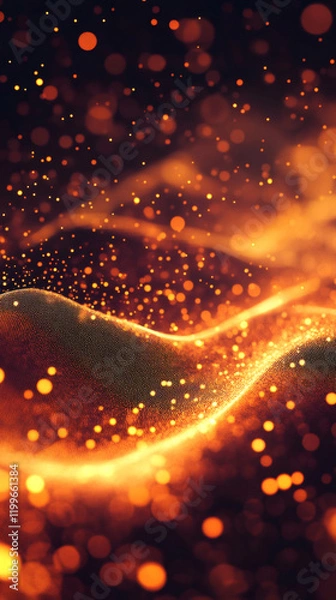 Fototapeta Glittering golden particles dancing across rippling dark surface, generating mesmerizing abstract visual with dynamic luminescent movement