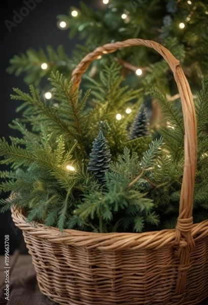 Obraz A collection of bare and adorned green Christmas tree branches arranged in a wicker basket with a soft, natural glow, festive decor, home decor inspiration