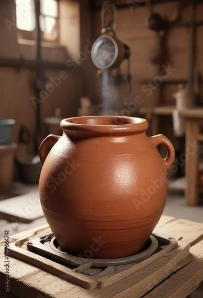 Fototapeta A clay pot being glazed in a kiln with a temperature gauge , pottery process, artisanal potter