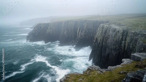 Fototapeta Dramatic Coastal Cliffs Ocean Waves Misty Scene