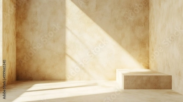 Fototapeta Warm sunlit room with clean, modern design elements. Stone wall and brick floor create a cozy yet sleek interior space.