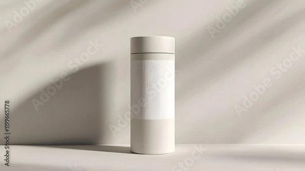 Obraz Blank mockup template of a packaging label on a tall cylindrical container with glossy texture and soft shadows.
