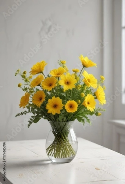 Fototapeta A bright and cheerful yellow flower arrangement in a clear glass vase on a white wooden table, colorful, charming