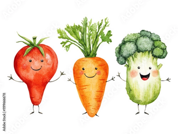 Fototapeta Watercolor Clipart of Happy Dancing Vegetable Characters with a Transparent Background