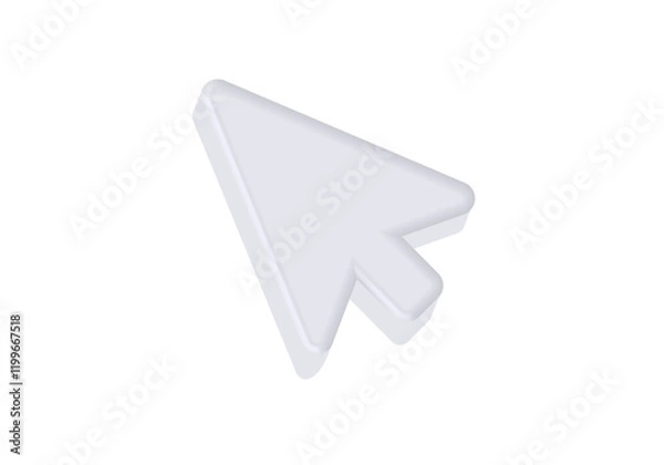 Fototapeta A simplistic 3d white arrow cursor icon pointing to the right, used for navigation and selection.