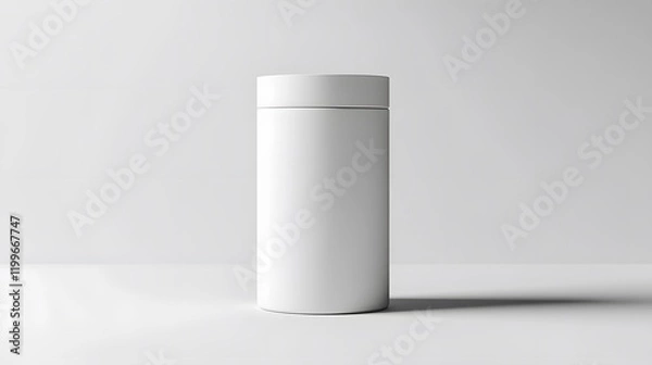 Obraz Blank mockup template of a packaging label on a sleek white cylindrical container, with soft shadows and minimalistic lighting.