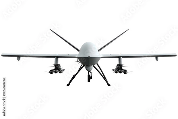 Obraz Military drone equipped with weapons ready for operation during daylight hours isolated on transparent background