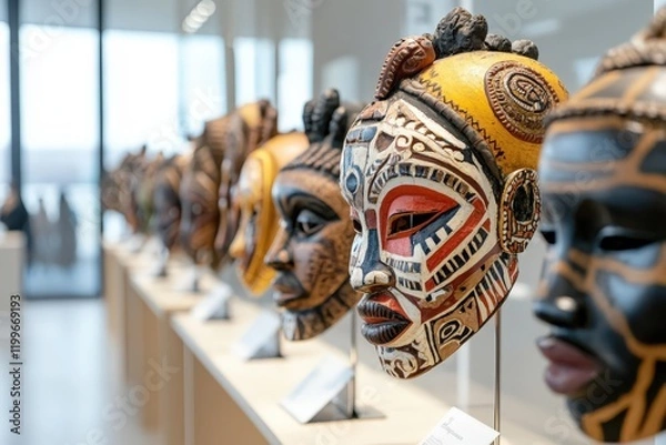 Fototapeta A stunning collection showcasing a diverse array of African masks and figures, each embodying rich cultural narratives and artistic traditions from various tribes.