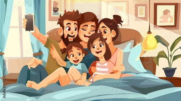 Obraz Cheerful Family Capturing Memories Together at Home in Cartoon Style Vector Illustration