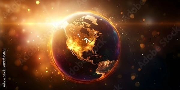 Fototapeta A glowing, digitally rendered Earth with North America illuminated, set against a dark, starry background with light effects. Concept Glowing Earth Render, North America Highlighted