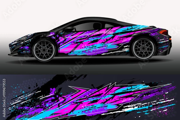 Fototapeta Racing car packaging design vector. Design of car stickers. Abstract racing and sport background for racing livery or daily use car vinyl decal. Car design development for the company.
