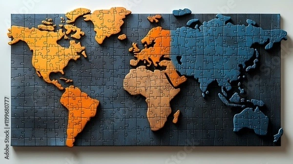 Fototapeta Colorful world map jigsaw puzzle unfinished on white  background, vibrant and detailed