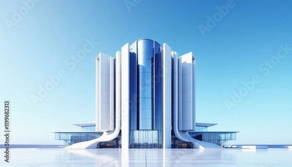 Fototapeta Futuristic Modern Building with Glass Panels and Curved Design