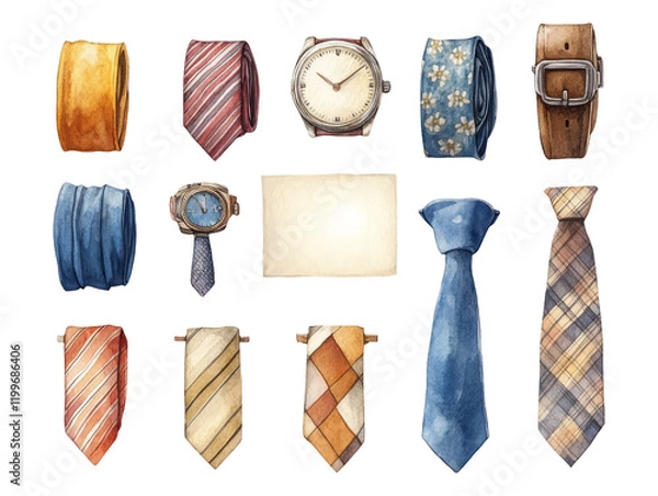 Fototapeta Watercolor Clipart Collection for Father's Day with Ties and Accessories on Transparent Background