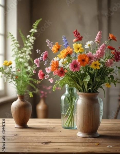 Fototapeta A vintage-inspired wooden table with a blurred background of a spring-themed still life featuring flower arrangements and vases, botanical prints, soft colors
