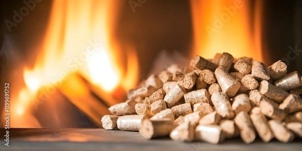 Fototapeta A close-up of wood pellets with a warm, glowing fire in the background. Concept Wood Pellets Details, Warm Fire Glow, Close-Up Photography, Cozy Atmosphere, Natural Fuel Source