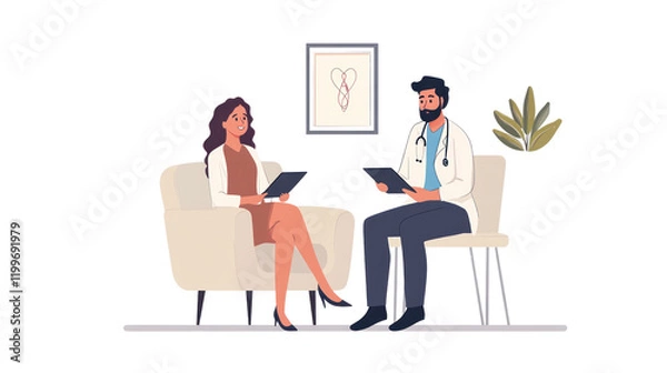 Obraz A doctor and patient engaging in a conversation in a modern office setting, emphasizing communication and healthcare.