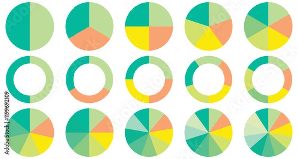 Obraz Set of Pie chart color wheel of business report infographic. Colorful Circle section graph and segment. 2,3,4,5,6,7,8,9,10,11,12 slice steps process cycle. Progress sector round diagram part symbol.