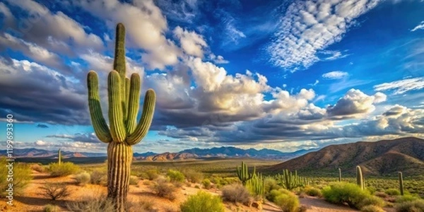 Fototapeta A majestic saguaro cactus standing tall in the middle of a desert landscape with clear blue sky and white clouds, sky, saguaro, greenery, cloud, outdoor