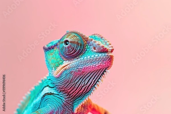 Fototapeta A quirky chameleon rocking colorful shades, isolated on a pastel canvas.blank templated, rule of thirds, space for text, isolated white background neon light, extreme right, rule of third