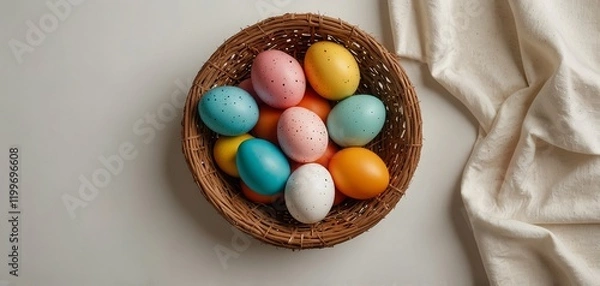 Obraz Easter traditions. Colorful Easter eggs in basket on white background top view copy space border