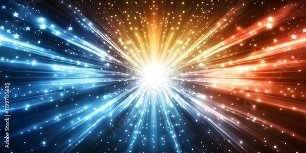 Fototapeta A vibrant explosion of light and color radiating outward, featuring blue, orange, and white rays interspersed with sparkling stars. Concept Vibrant Light Explosion, Colorful Rays