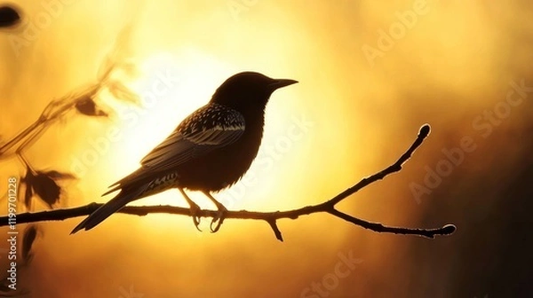 Obraz Sunset bird silhouette perched on branch, hazy background, nature serenity