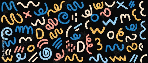 Fototapeta Seamless colorful geometric pattern. Fashion 80-90s style with various shapes: circles, semicircles, dots, zigzags, spirals, wavy lines. Hipster Memphis style.Cute kid doodle 

