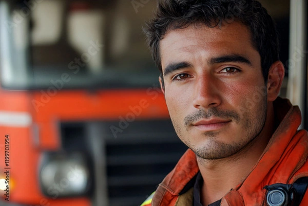 Fototapeta Generative AI Portrait of a Dedicated Firefighter with Intense Expression Highlighting Courage and Bravery