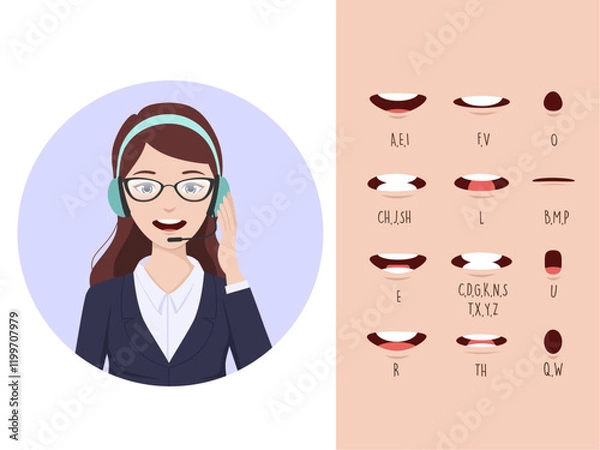 Fototapeta Call center operator avatar with headphone. beautiful woman character with lip sync collection for animation. female mouth animation phoneme graphic. Alphabet pronunciation. Vector illustration	