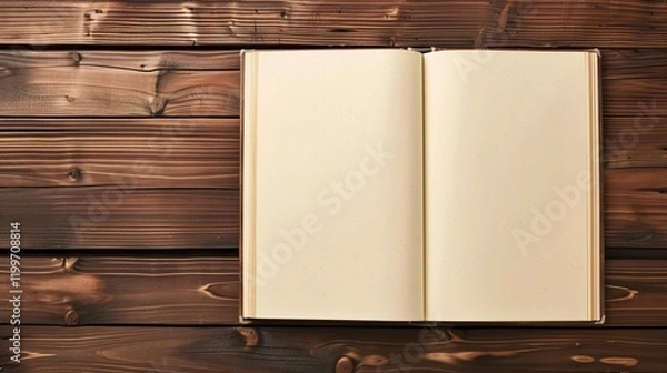 Fototapeta Open Photo Album on Wooden Table Top View with Ample Space for Text Overlay
