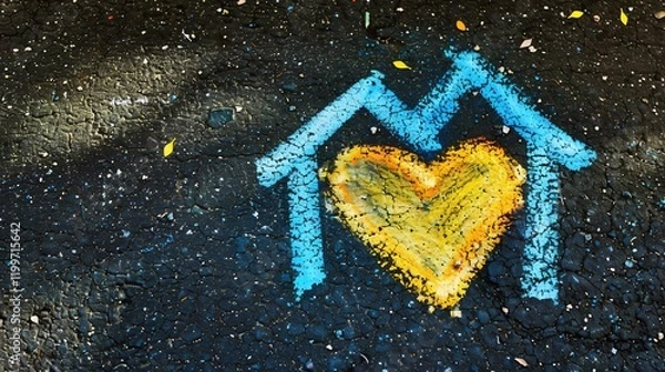 Fototapeta Chalk Drawing of House with Heart in Blue and Yellow on Asphalt