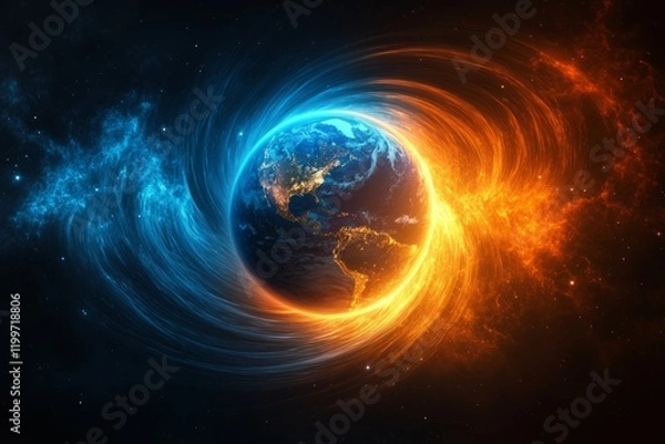 Fototapeta Exploring the dynamic effects of Earth's magnetic field on climate and weather patterns in a vibrant cosmic representation