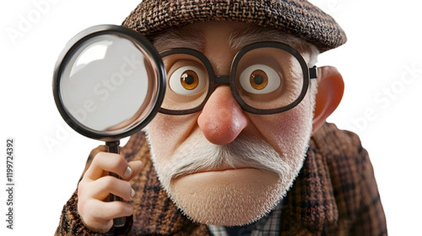 Fototapeta A cartoon grandfather looking through a magnifying glass trying to read small texts, 3d style, transparent background
