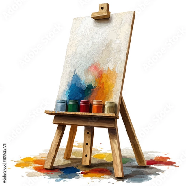 Fototapeta Artist's Easel with Vibrant Colors: A wooden easel displays a canvas with bold, colorful strokes of paint, surrounded by open paint pots, suggesting a moment of creative inspiration.