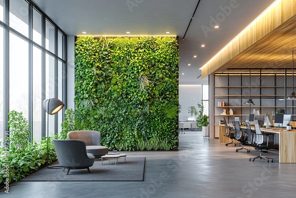 Obraz Organic fresh greenery living or office spaces, wall with decorative moss armchairs and table. Generic concept image of decorative moss that is used for interior design.	