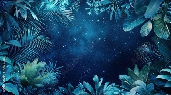 Fototapeta Vibrant tropical foliage plants in shades of blue floating against a deep space backdrop, blending natural beauty with the vastness of the cosmos.