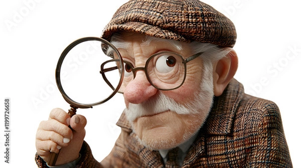 Fototapeta A cartoon grandfather looking through a magnifying glass trying to read small texts, 3d style, transparent background